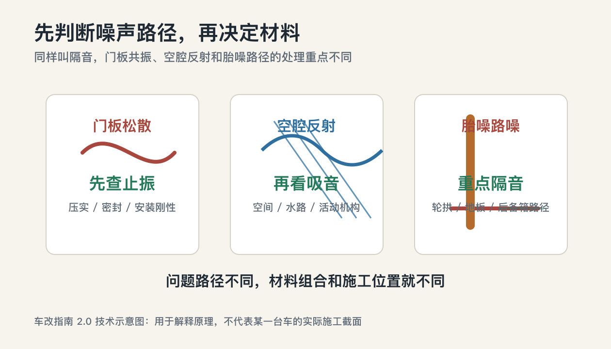 汽车隔音按门板共振空腔反射胎噪路噪判断材料路径示意图