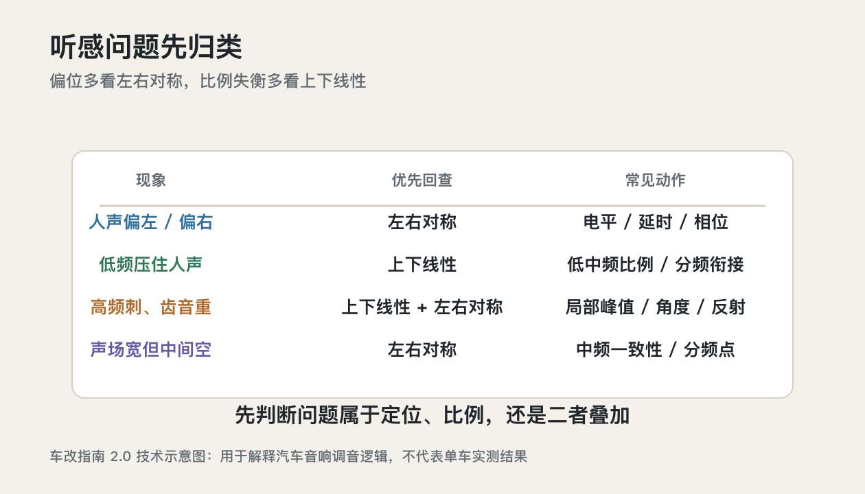 湛江汽车音响调音知识听感问题对应左右对称和上下线性判断表